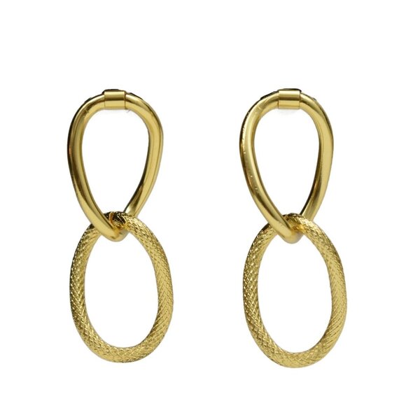 Linked Oval Hoop Earrings Gold Tone Texture Post Interlocking Loops - Picture 1 of 5